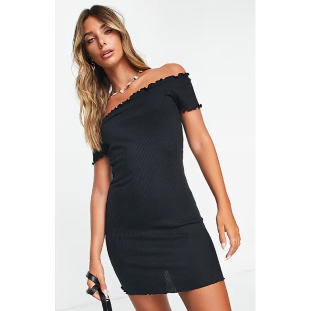 SHEIN Ribbed Off Shoulder Bodycon Dress Womens S Black Ruffle Minimalist Summer